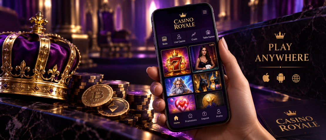 Casino Royale mobil casino på smartphone med slots, live casino og kryptobetalinger